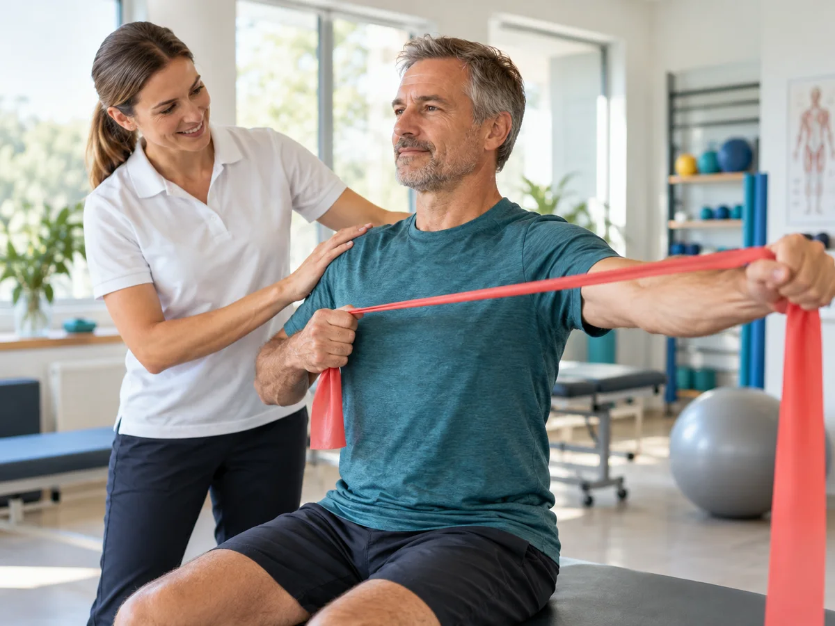 Patient in rehabilitation with a physiotherapist